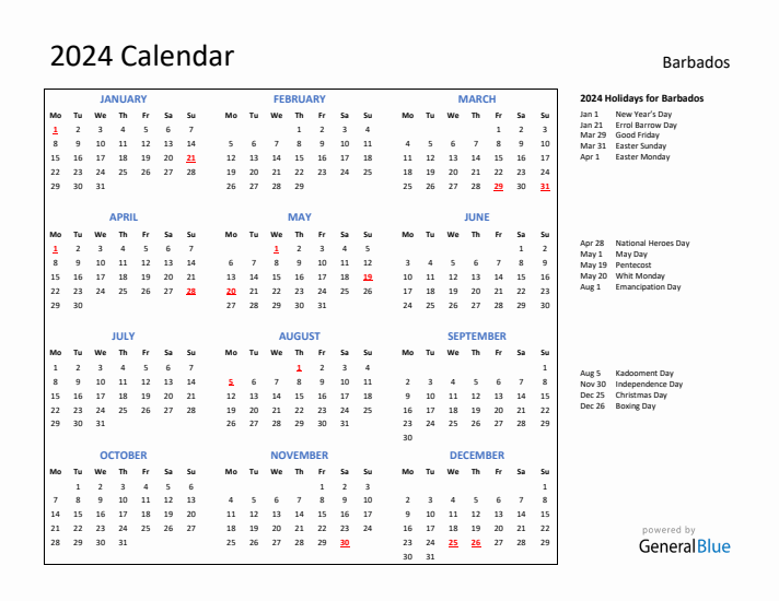 2024 Calendar with Holidays for Barbados