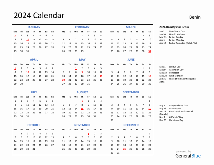 2024 Calendar with Holidays for Benin