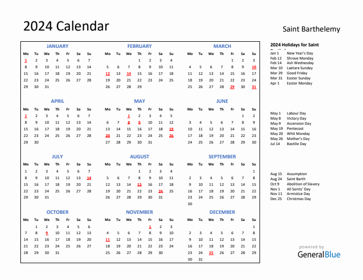 2024 Calendar with Holidays for Saint Barthelemy