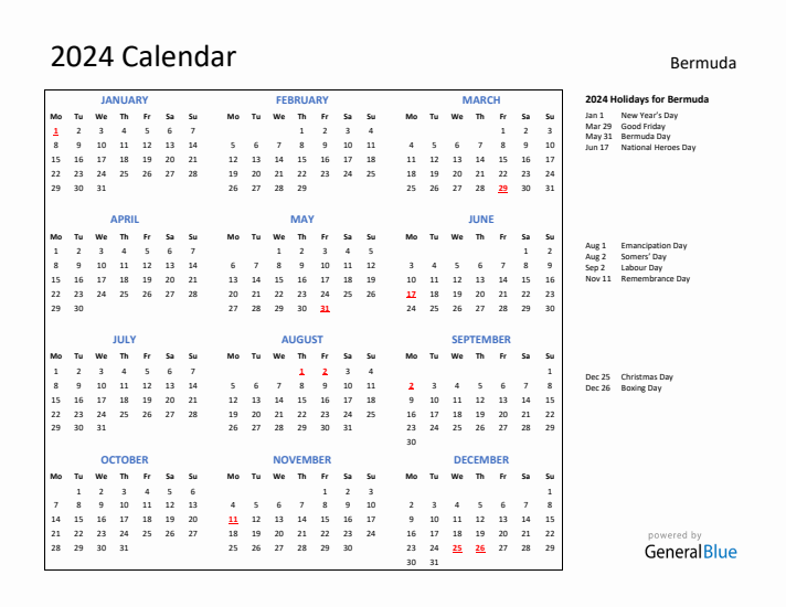 2024 Calendar with Holidays for Bermuda