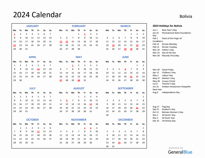 2024 Calendar with Holidays for Bolivia