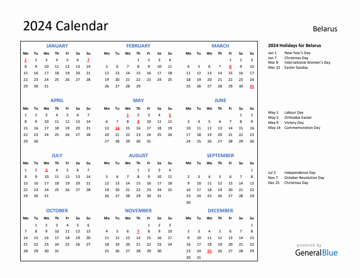 2024 Calendar with Holidays for Belarus