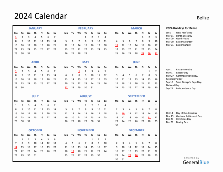 2024 Calendar with Holidays for Belize