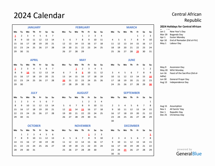 2024 Calendar with Holidays for Central African Republic