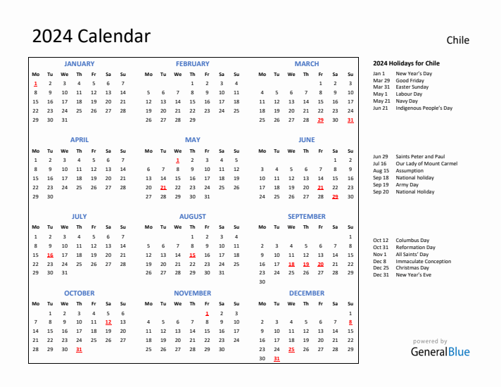 2024 Calendar with Holidays for Chile