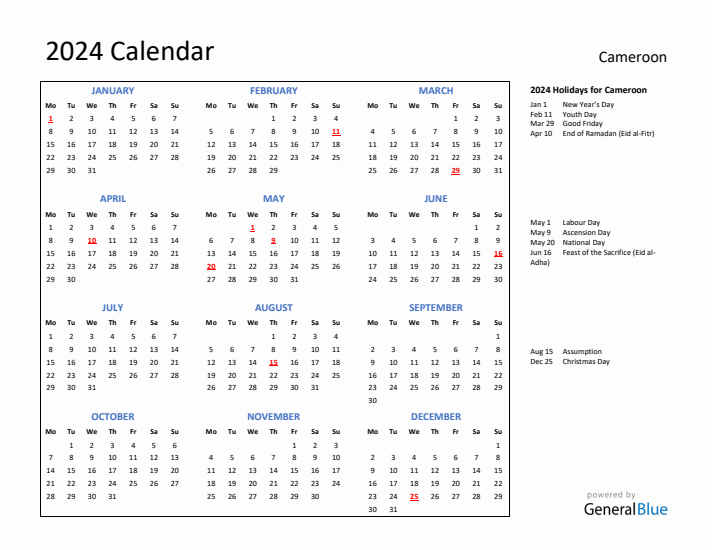 2024 Calendar with Holidays for Cameroon