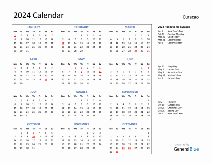 2024 Calendar with Holidays for Curacao