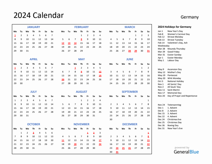 2024 Calendar with Holidays for Germany