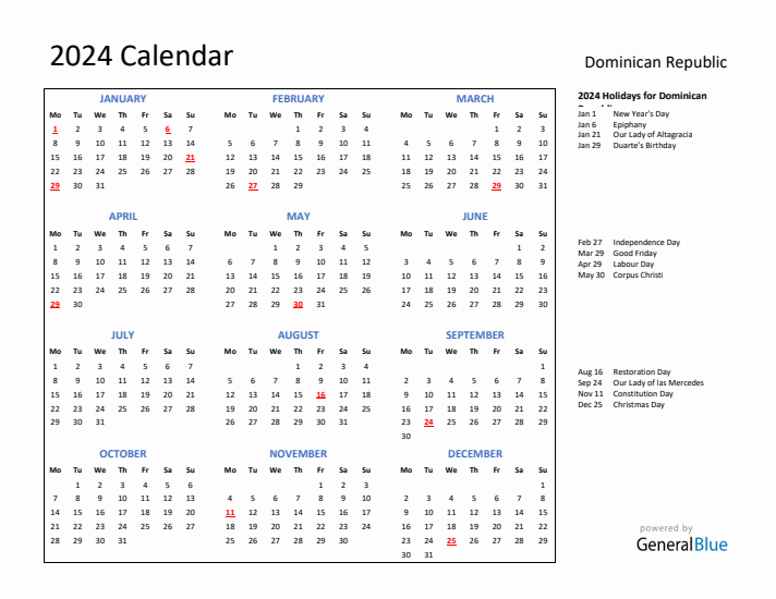 2024 Calendar with Holidays for Dominican Republic