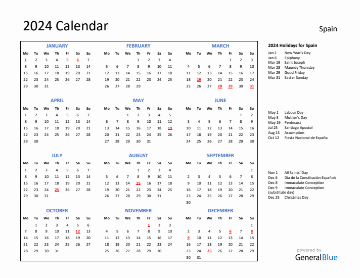 2024 Calendar with Holidays for Spain