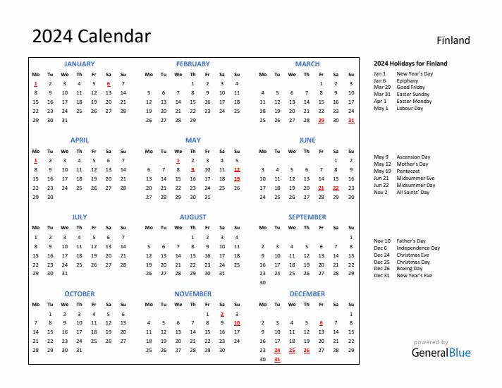 2024 Calendar with Holidays for Finland