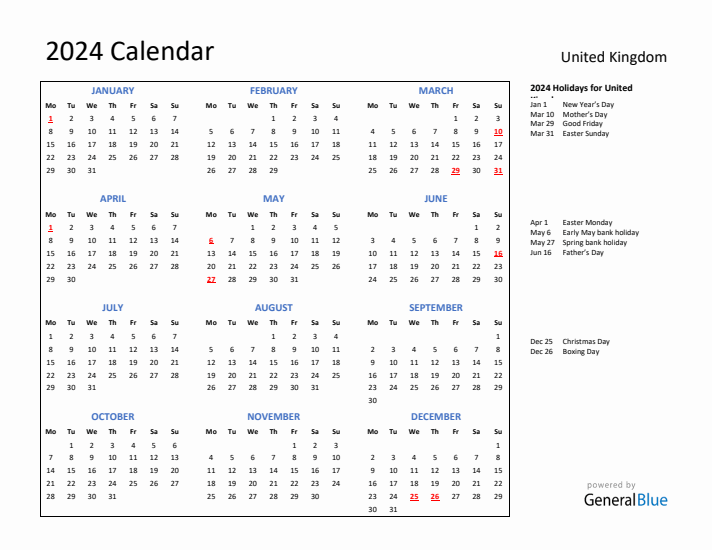 2024 Calendar with Holidays for United Kingdom