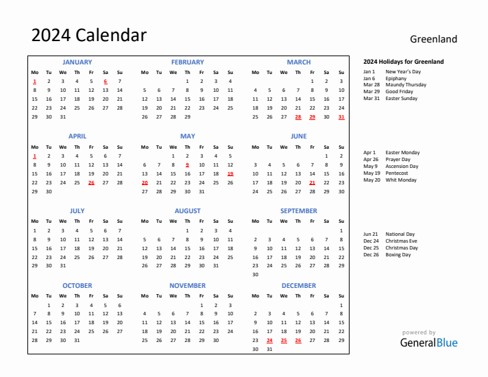 2024 Calendar with Holidays for Greenland