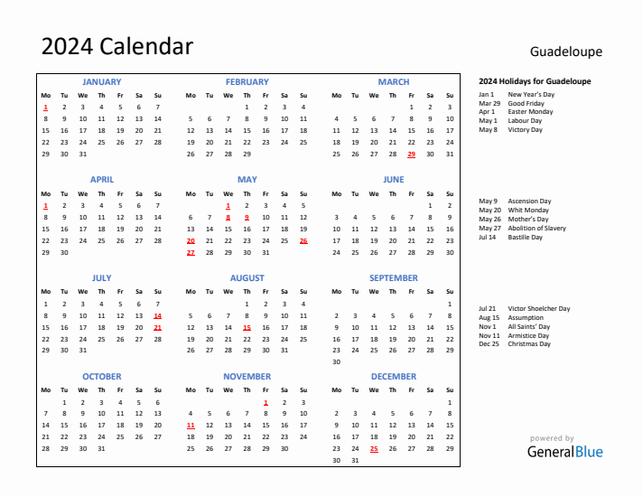 2024 Calendar with Holidays for Guadeloupe