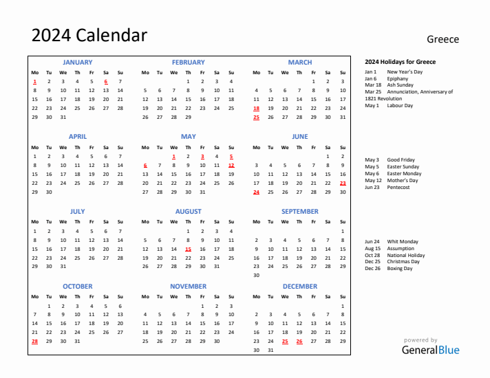 2024 Calendar with Holidays for Greece