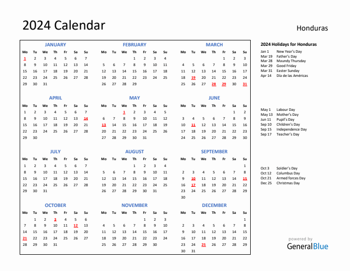 2024 Calendar with Holidays for Honduras