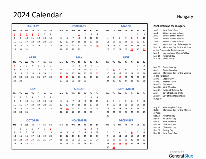 2024 Calendar with Holidays for Hungary