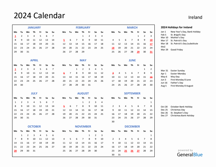 2024 Calendar with Holidays for Ireland