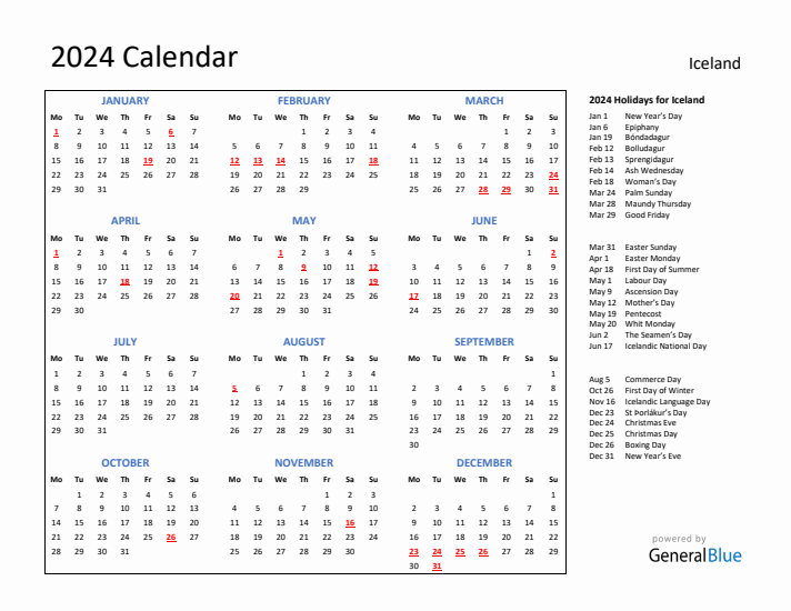 2024 Calendar with Holidays for Iceland