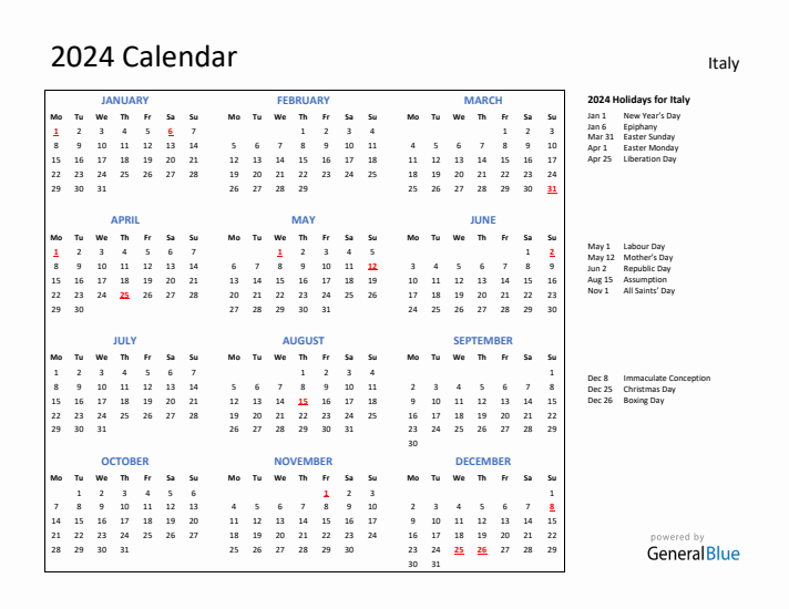 2024 Calendar with Holidays for Italy