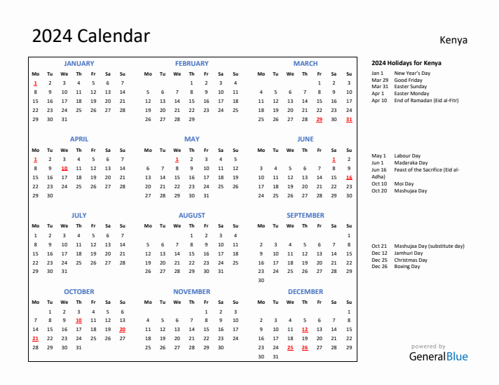 2024 Calendar with Holidays for Kenya