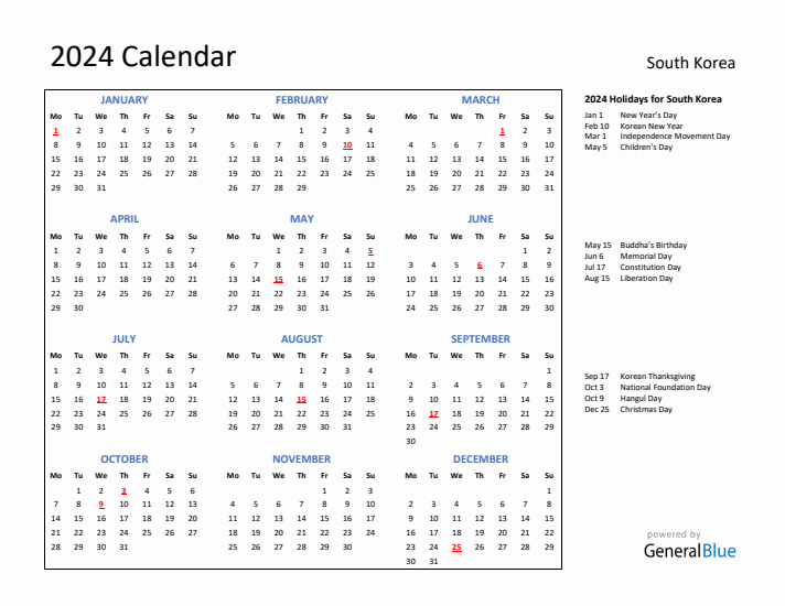 2024 Calendar with Holidays for South Korea