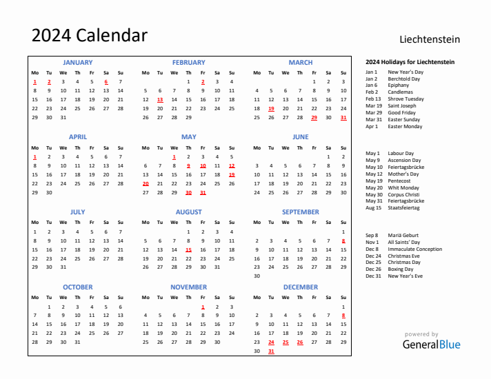 2024 Calendar with Holidays for Liechtenstein