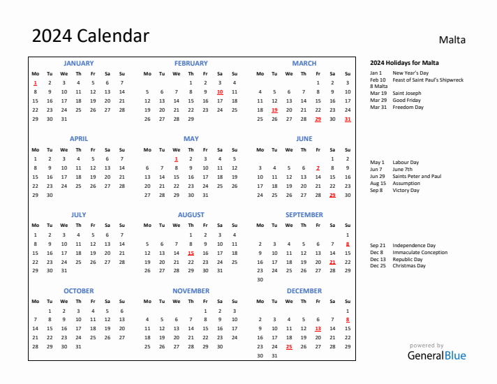 2024 Calendar with Holidays for Malta