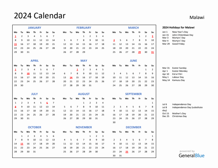 2024 Calendar with Holidays for Malawi