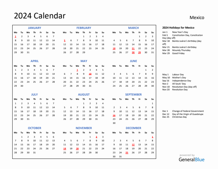 2024 Calendar with Holidays for Mexico