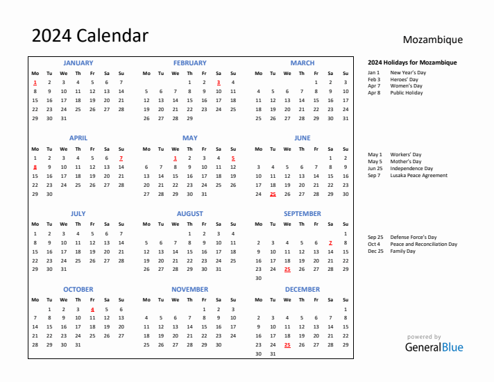 2024 Calendar with Holidays for Mozambique