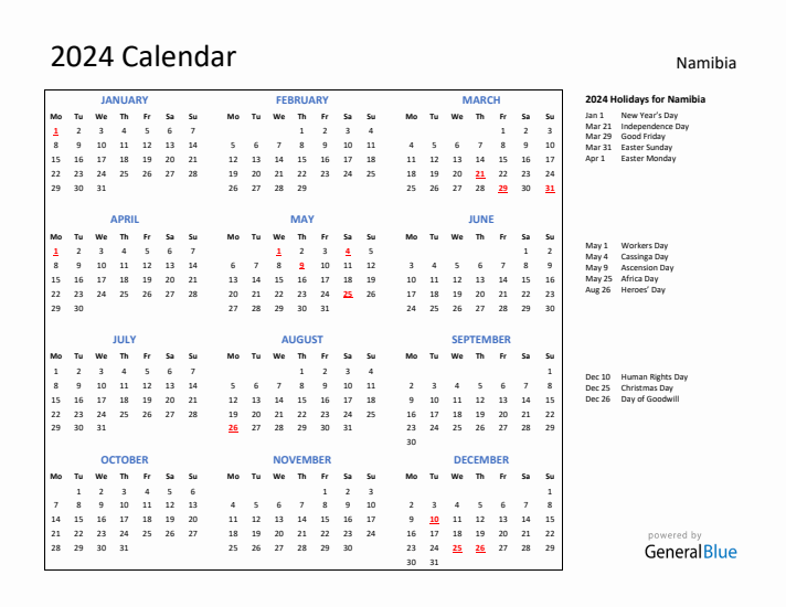 2024 Calendar with Holidays for Namibia