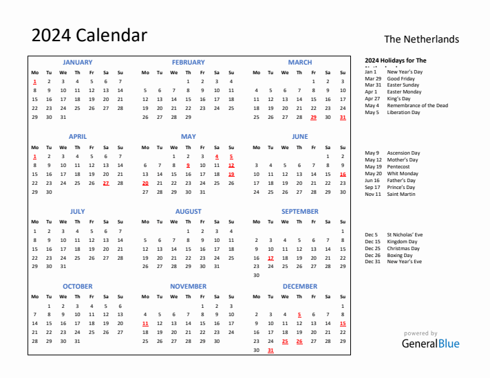 2024 Calendar with Holidays for The Netherlands