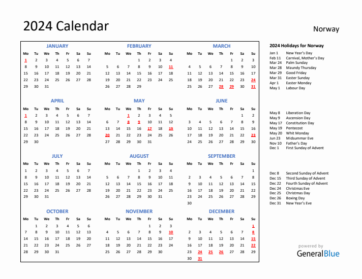 2024 Calendar with Holidays for Norway