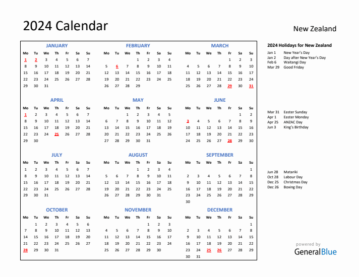 2024 Calendar with Holidays for New Zealand