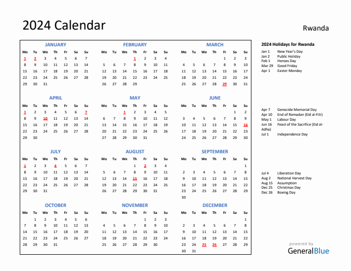 2024 Calendar with Holidays for Rwanda