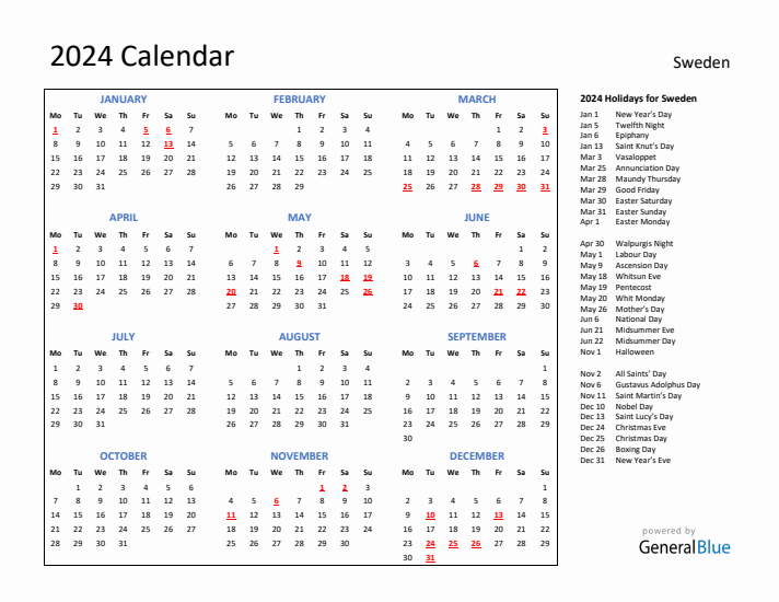 2024 Calendar with Holidays for Sweden