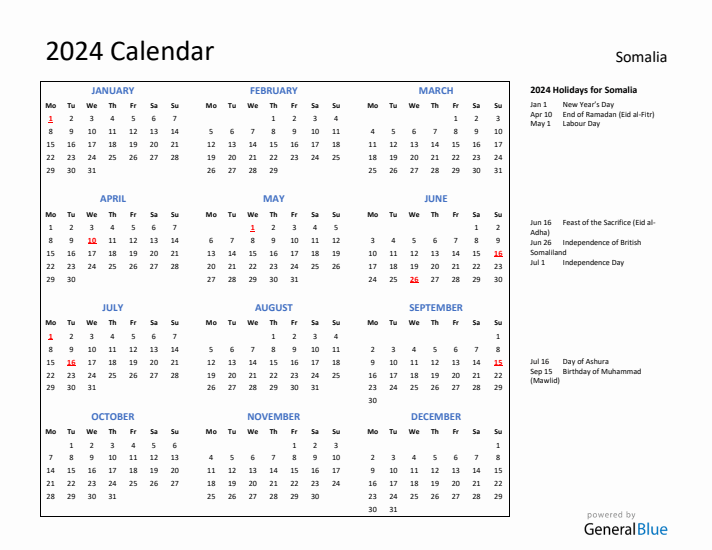 2024 Calendar with Holidays for Somalia