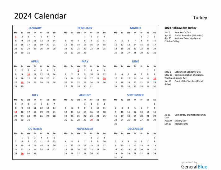 2024 Calendar with Holidays for Turkey