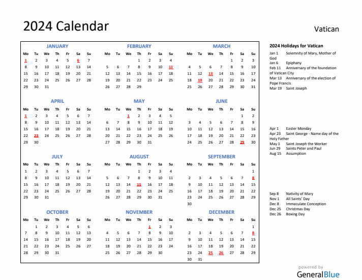 2024 Calendar with Holidays for Vatican