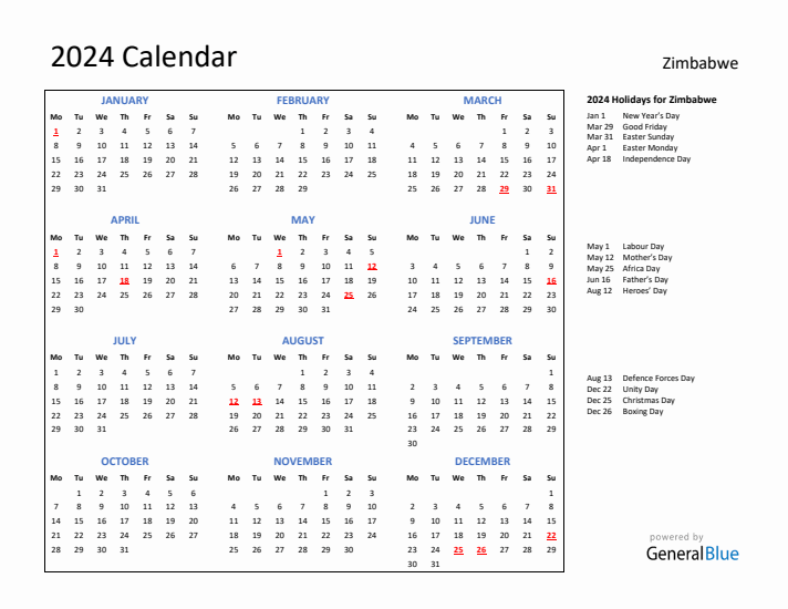 2024 Calendar with Holidays for Zimbabwe