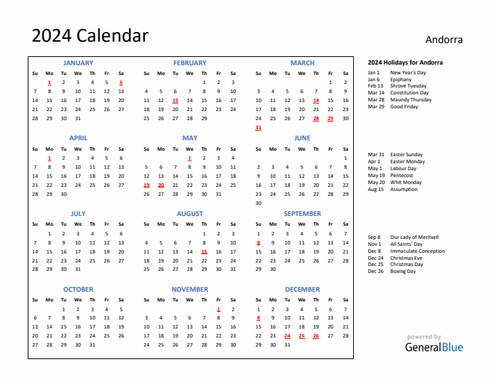 2024 Calendar with Holidays for Andorra