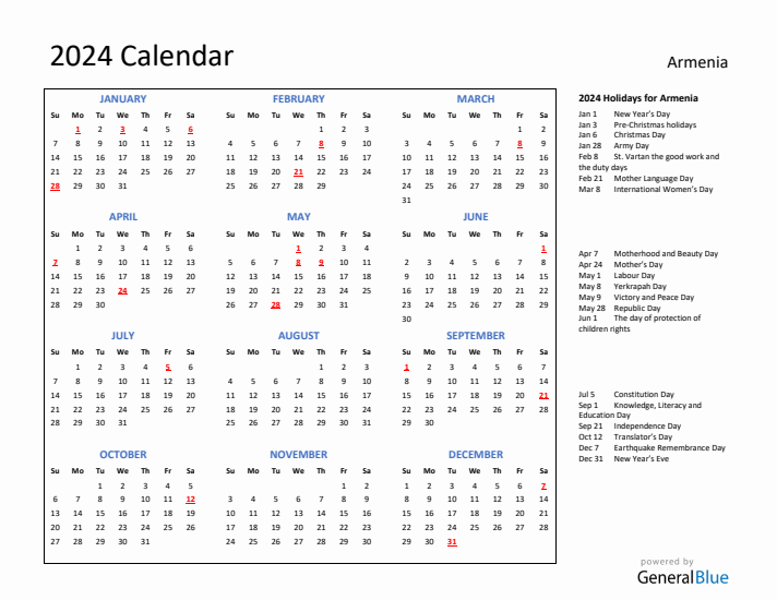 2024 Calendar with Holidays for Armenia