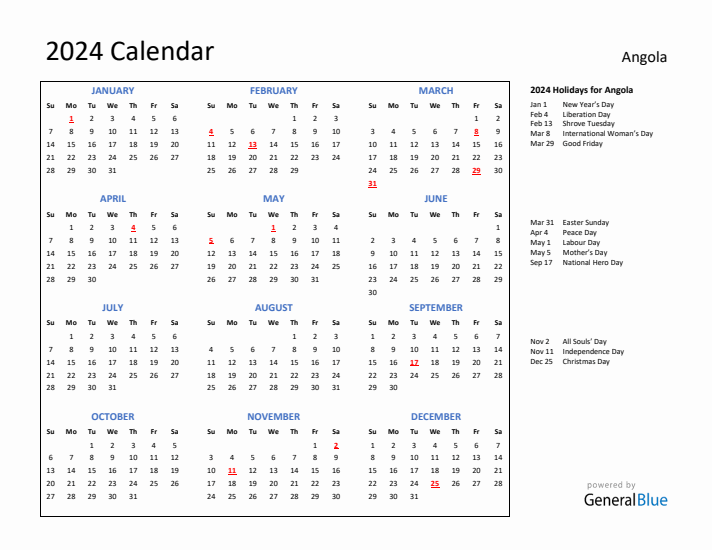 2024 Calendar with Holidays for Angola