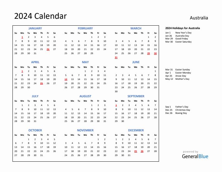 2024 Calendar with Holidays for Australia