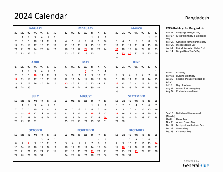 2024 Calendar with Holidays for Bangladesh