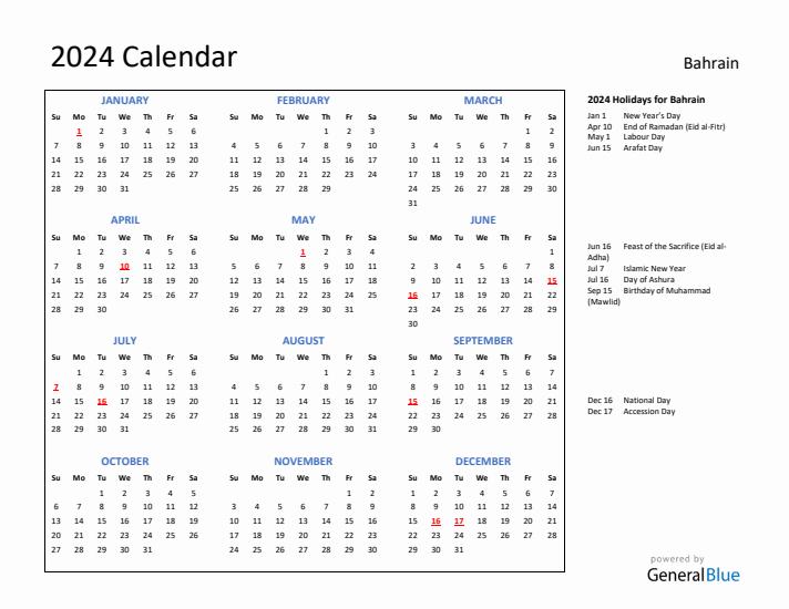 2024 Calendar with Holidays for Bahrain