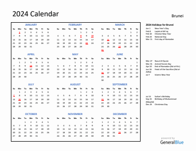 Brunei current year calendar 2024 with holidays