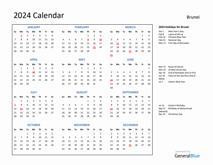 2024 Calendar with Holidays for Brunei