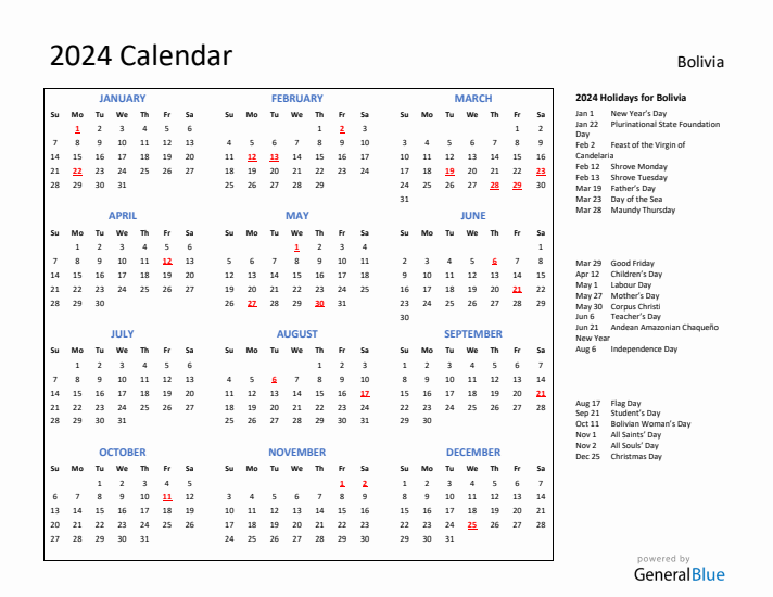 2024 Calendar with Holidays for Bolivia